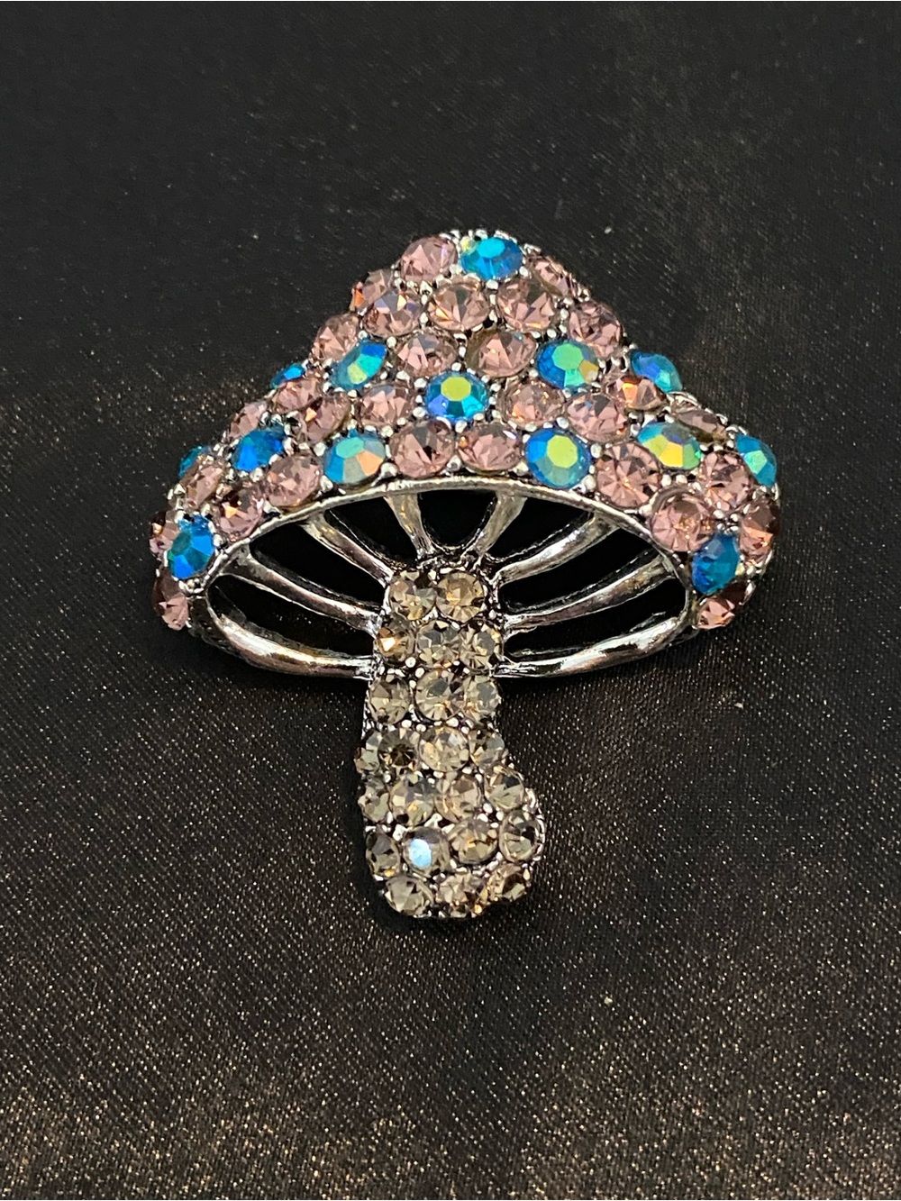 Crystal Mushroom Brooch - Pink & Blue Rhinestone Accent